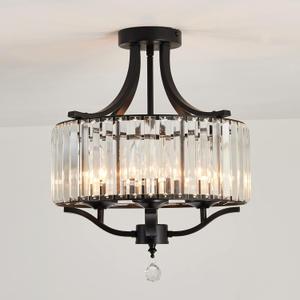 Modern Crystal Chandelier 4 Lights Black Semi Flush Mount Ceiling Light Fixture E12 Metal Farmhouse Chandelier for Dining Room Bedroom Hallway Entryway Kitchen