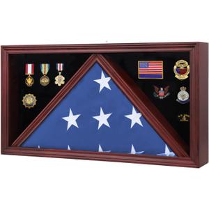 Large Burial Flag Display Case - American Solid Wood Military Shadow Box With Tempered Glass and Certificate Holder, Fits 5' X 9.5' Folded Flag, Mahogany Rectangle
