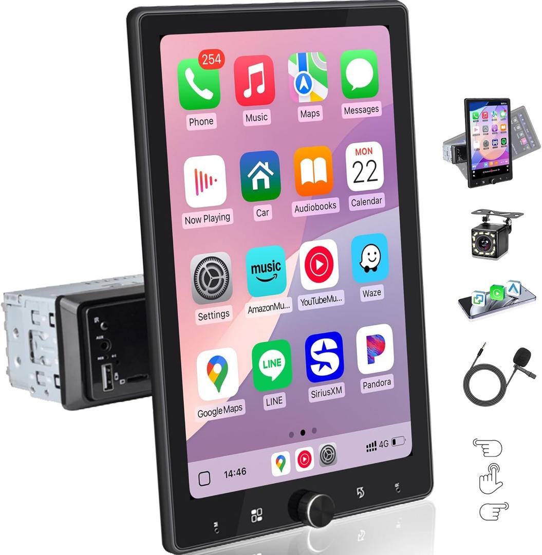 10.4" Single Din Car Stereo Wireless Carplay, Rotating HD 1280 * 800 IPS Display Touchscreen, Car Radio with Bluetooth 5.2, FM Radio, Android Auto, Backup Camera