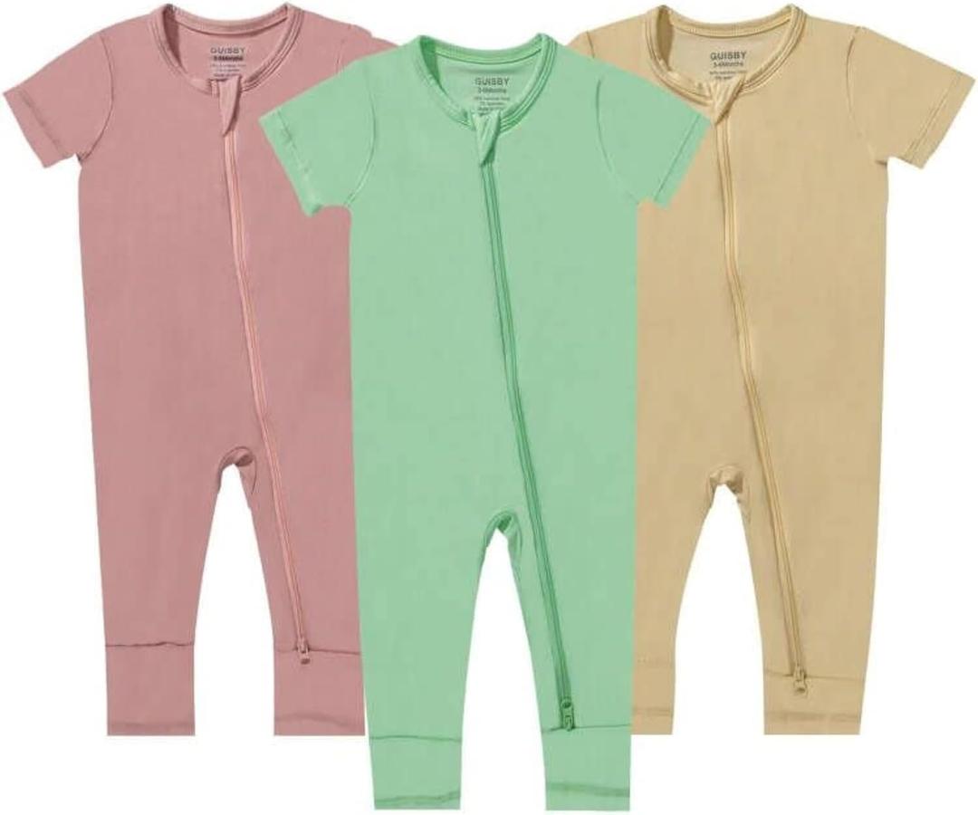 GUISBY Rayon Made from Bamboo Baby Pajamas, Summer Short Sleeve Footless Rompers, 2 Way Zipper Sleeper (0-3 Months, Sage-Peach-Light Yellow)