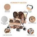 Double Pet Stroller, Foldable Stroller for 2 Dogs & Cats, Two-Seater Carrier Twin Dog Walk Jogger Travel Pet Carriage Cart with Storage, Beige