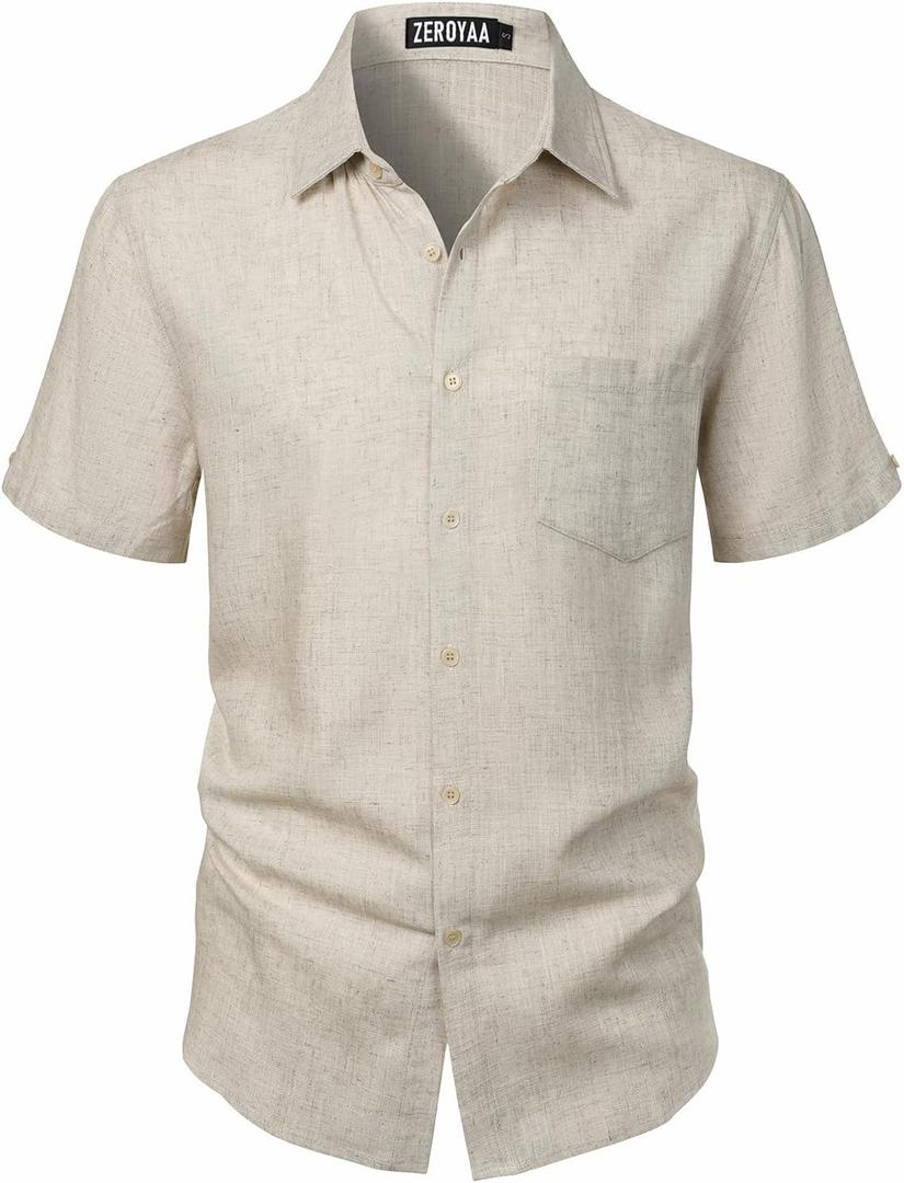ZEROYAA Men's Linen Shirts Short Sleeve Summer Casual Button Down Beach Shirt with Pocket (Beige, S)