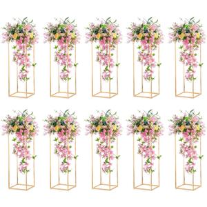 Nuptio 10 Pcs Gold Vase Metal Column Stand Road Lead Geometric Centerpiece Vase for Tables, 31 inch Tall Floor Vases Decorative Tall Flower Rack for Home Event Party Wedding Decorations for Reception (31" H x 10 Pcs)