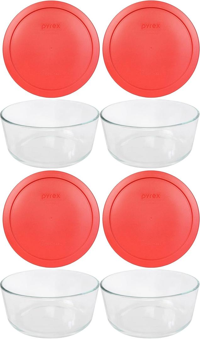 Pyrex 7 Cup Storage Capacity Plus Round Dish with Plastic Cover Sold in Packs of 4, Pack of 4, Red
