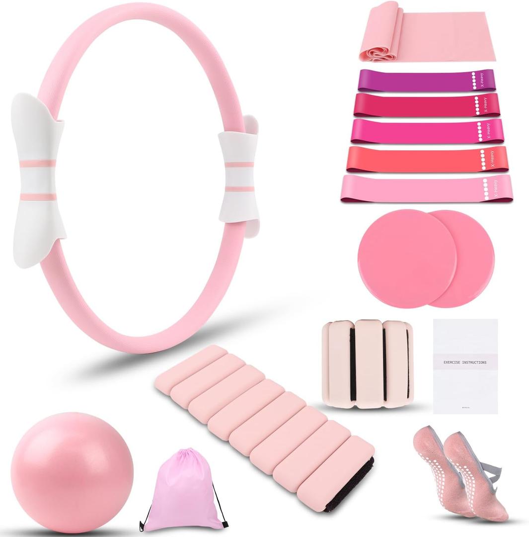 16 PCS Pink Pilates Ring and Ball Set for Women with 15" Magic Circle, Home Pilates Equipment Kit with Adjustable 1LB Ankle Wrist Weight, Resistance Band, Gliding Discs, Pilates Essentials Accessories