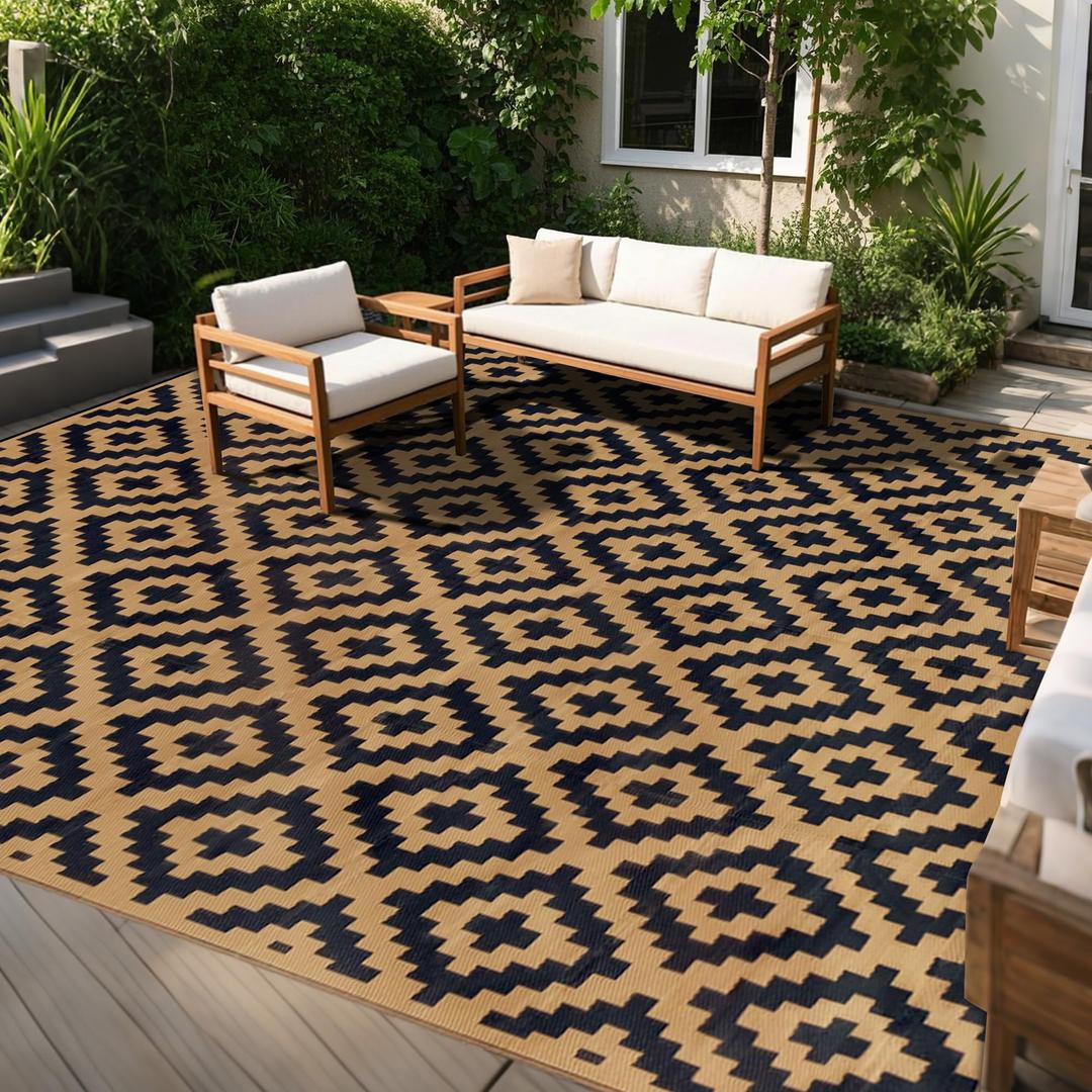 SAND MINE Reversible Mats, Plastic Straw Rug, Modern Area Rug, Large Floor Mat and Rug for Outdoors, RV, Patio, Backyard, Deck, Picnic, Beach, Trailer, Camping, Black & Brown, 10' x 14'