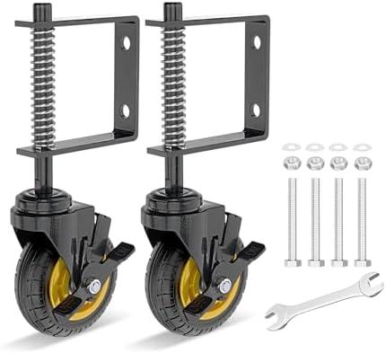 Lygoeege Only 1 Pack Gate Wheel with Brake 4inch Gate Caster for Wooden Gate, 250-500lbs Capacity, Spring-Loaded Absorbing Solid Rubber Tire Gate Wheels, with Screws & Screwdriver