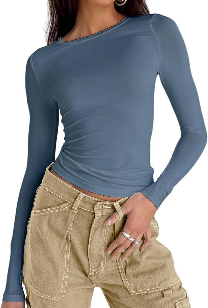 Abardsion Women's Casual Basic Going Out Crop Tops Slim Fit Short Sleeve Crew Neck Tight T Shirts (2# Haze Blue)