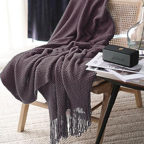 LOMAO Knitted Throw Blanket with Tassels Bubble Textured Soft Blanket Lightweight Throws for Couch Cover Home Decor (Grey Purple, 50x60)