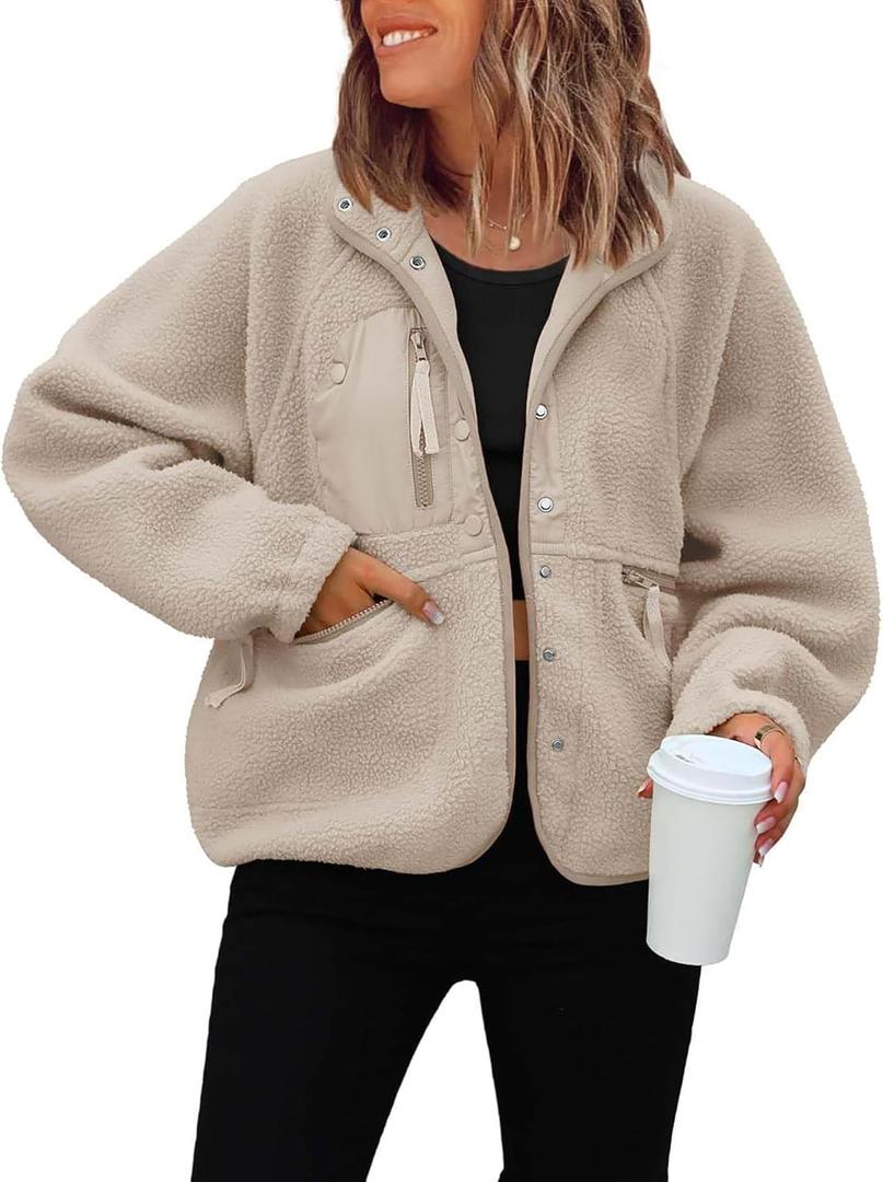 ReachMe Womens Sherpa Jacket Casual Lapel Button Down Cropped Fuzzy Fleece Jackets Long Sleeve Winter Coats with Pockets (Medium, Khaki)