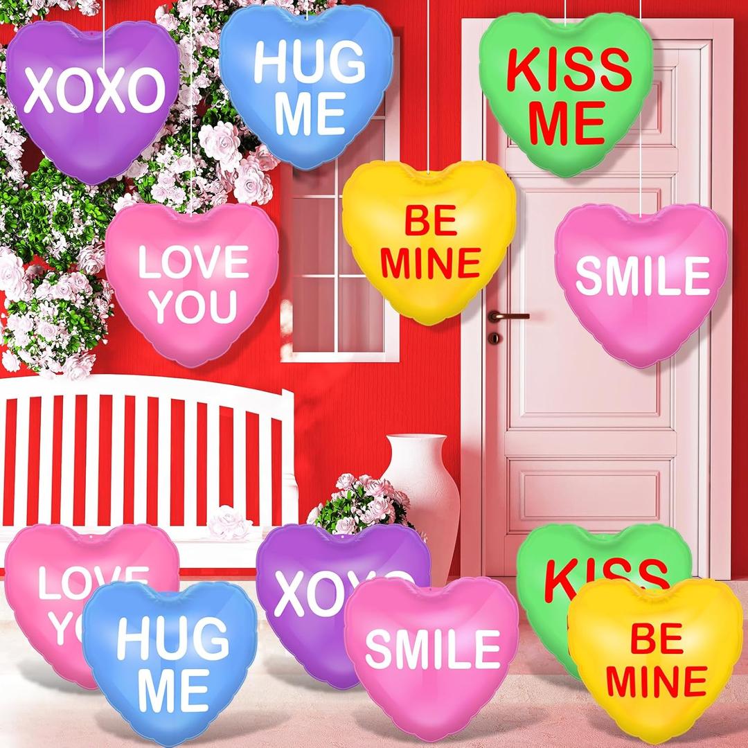 18 Pcs Valentines Day Inflatable Conversation Hearts Outdoor Decorations, Valentine Blow Up Yard Decorations, Inflatable Hanging Ornaments for Valentines Day Wedding Anniversary Yard Garden, Colorful