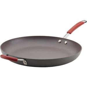 Rachael Ray 87631-T Cucina Hard Anodized Nonstick Skillet with Helper Handle, 14 Inch Frying Pan, Gray/Red