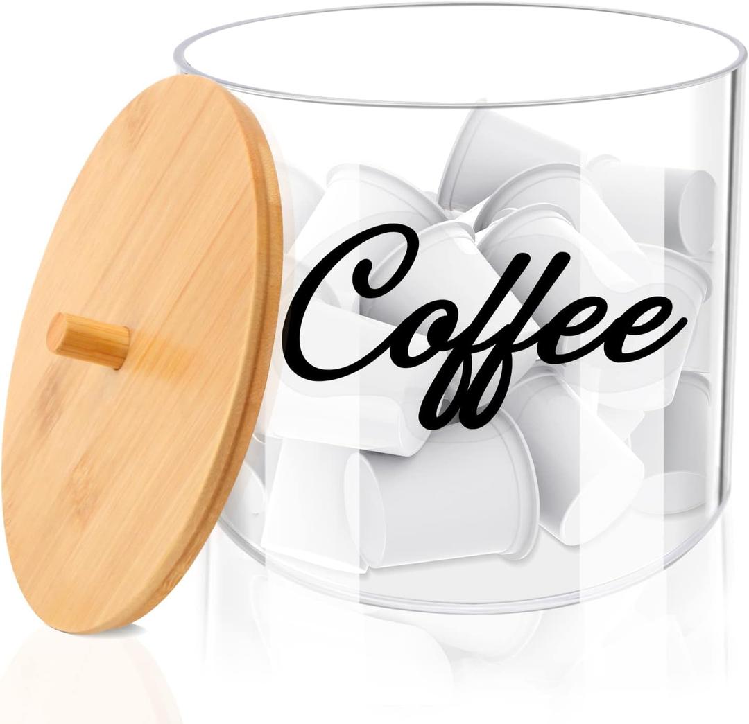 homicozy Coffee Pod Holder with Bamboo Lid, Large Capacity 80-Ounce Clear Countertop Storage for Coffee Capsules, K Cup Organizer for Keurig/Nespresso, coffee filter holder, Coffee Bar Accessories
