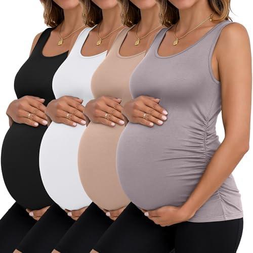 Ficerd 3 Pack Women's Maternity Tank Tops Sleeveless Side Ruched Top Crew Neck Casual Pregnancy T-Shirts Summer Basic Size S
