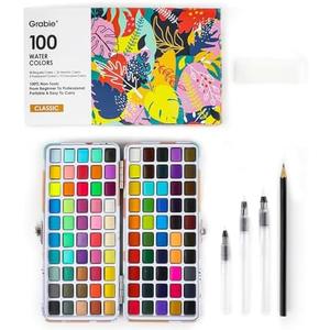 Grabie® 100 Colors Watercolor Paint Set - 50 Regular, 35 Metallic, 10 Macaron and 5 Fluorescent Colors - Portable with Carrying Case, Water Brush Pens, and Accessories - For Beginners and Professionals
