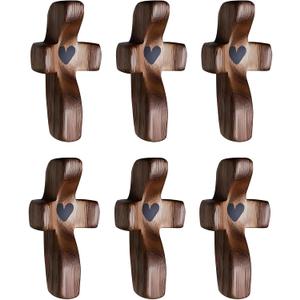 3 x Abvsdu 6Pcs Cross My Heart Encouragement Gift Wooden Cross Fingertip Stress Relief Gifts Fingertip Stress Relief Gifts Pocket Small Cross in Bulk with Bag Walnut Wooden Cross