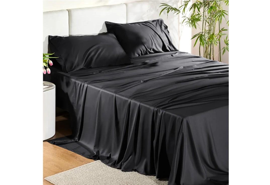 Bedsure King Size Sheet Set, Cooling Sheets King, Rayon Derived from Bamboo, Deep Pocket Up to 16", Breathable & Soft Bed Sheets, Hotel Luxury Silky Bedding Sheets & Pillowcases, Black