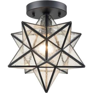 Moravian Star Light Flush Mount Ceiling Light with Seeded Glass Shade Black for Living Room Bedroom Bathroom Hallway, Seeded Glass 12in