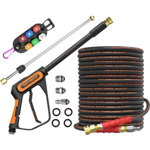 5000PSI Pressure Washer Gun and Hose Kit, 100FT Kink Resistant Steel Braided Power Washer Hose with 3/8" Swivel Quick Connector and M22 14mm Adapters Replacement