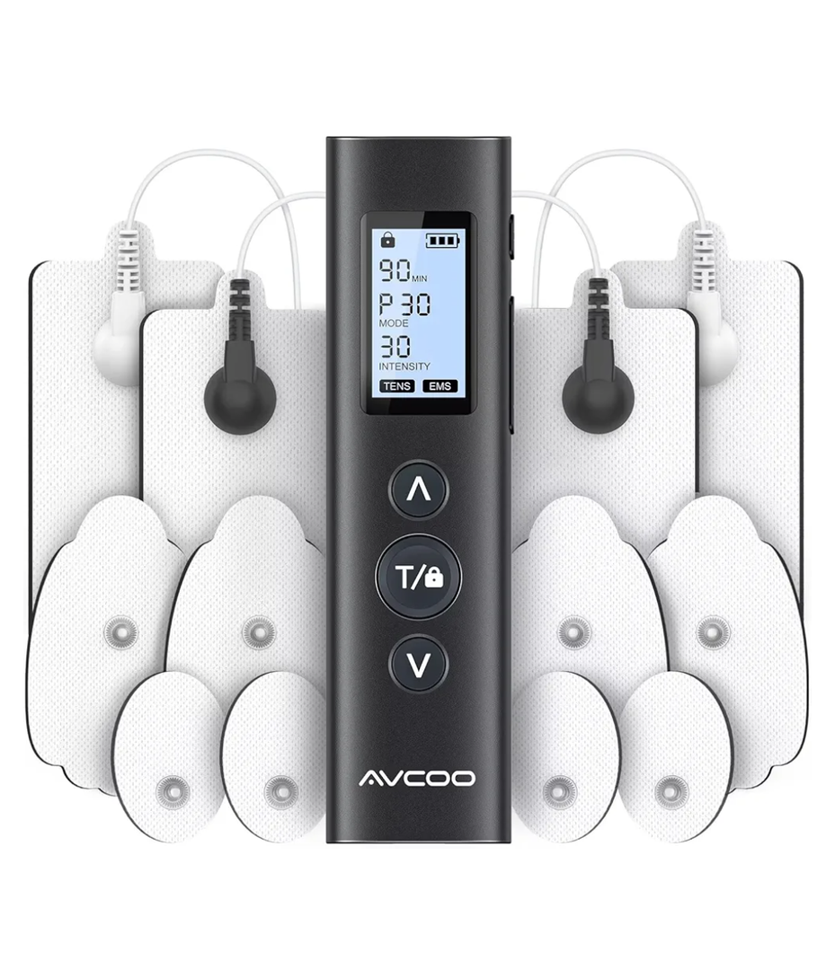AVCOO 30 Modes TENS EMS Unit Compact Muscle Stimulator for Pain Relief of Back, Shoulder, Neck, Rechargeable & Portable Dual Channel EMS Muscle Stimulator with 30 Intensity Levels, 12 Electrode Pads