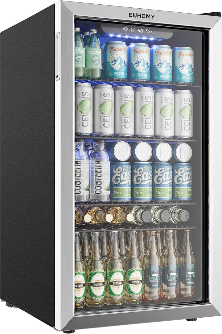 EUHOMY Beverage Refrigerator and Cooler, 128 Can Mini fridge with Glass Door, Small Refrigerator with Adjustable Shelves for Soda Beer or Wine, Perfect for Home/Bar/Office, Silver (3.1 CUFT)