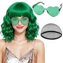PLULON Green Wavy Bob Wigs with Bangs Heart Sunglasses Hair Cap for Women, Colored Synthetic Hair Short Bob Loose Curly Shoulder Length Wigs for Costume Bachelorette Party Music Festival