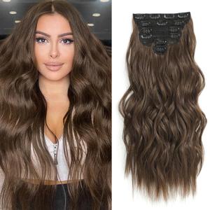 Clip in Hair Extensions, 6 PCS Natural & Soft Hair & Blends Well Hair Extensions, Medium Brown Synthetic Long Wavy Hairpieces(24inch, 6pcs, Medium Brown)