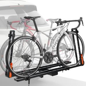TOOENJOY Folding Hitch Bike Rack, Heavy Duty Bicycle Carrier Platform with Single Arm and Tier Strap, Fits 2" Hitch Receiver for SUV Pickup Truck, 2-Bike Capacity