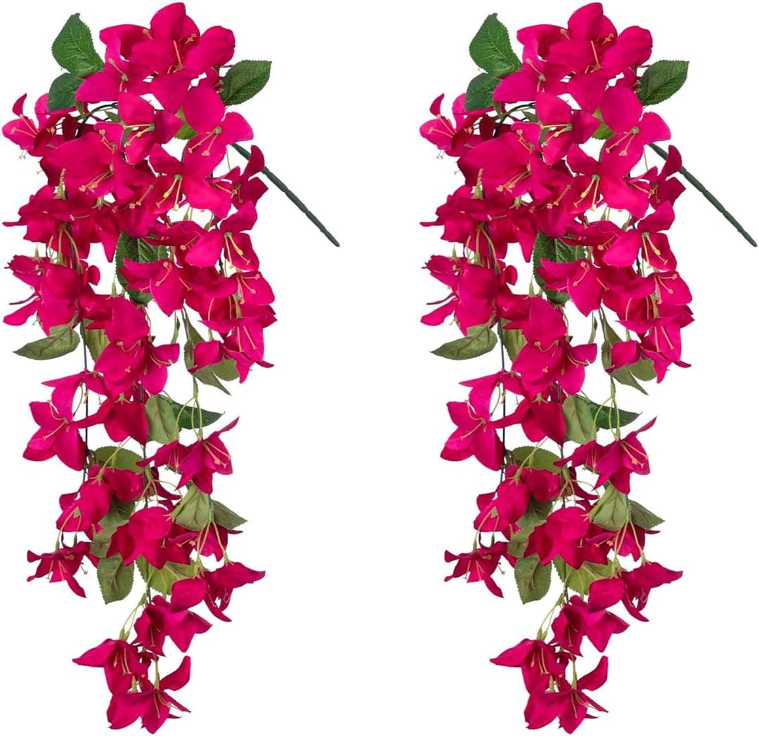 2PCS Bougainvillea Artificial Hanging Flowers Plants for Outdoors Outside Fall Decoration, Faux Silk Flowers Fake Vines UV Resistant Look Real Realistic for Front Door Porch Planter Balcony, Hotpink