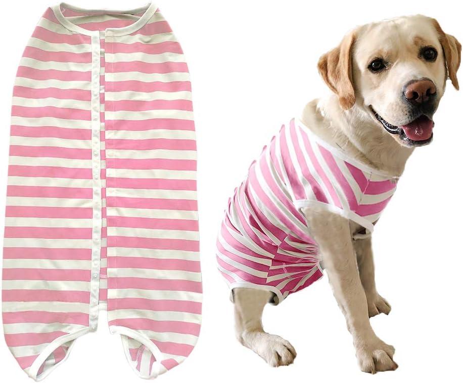 Dogs Recovery Suit Post Surgery Shirt for Female Male Dog, E-Collar Alternative Wound Protective Clothes (Pink White Stripe-XL)