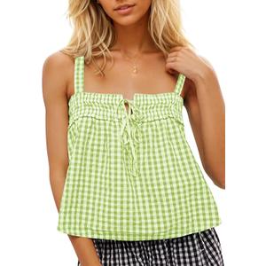 Women Plaid Cropped Camisole Tops Ruched Tie Front Square Neck Backless Loose Cute Crop Cami Tank Adjustable Top (Large, Green)