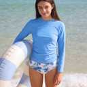 Girls Bathing Suit Two Piece Ruched Long Sleeve Rash Guard Print Design Swimsuit Size 6-14Y (Blue, S)