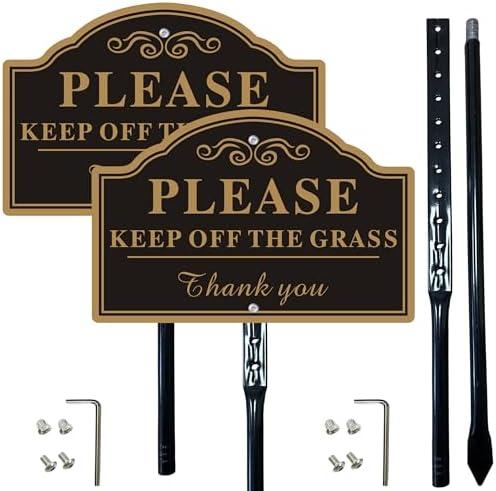 2-Pack Keep Off The Grass Signs, with 36"Tall Metal Stakes, 8x12 Inches Aluminum Yard Signs, Black and Gold ﻿