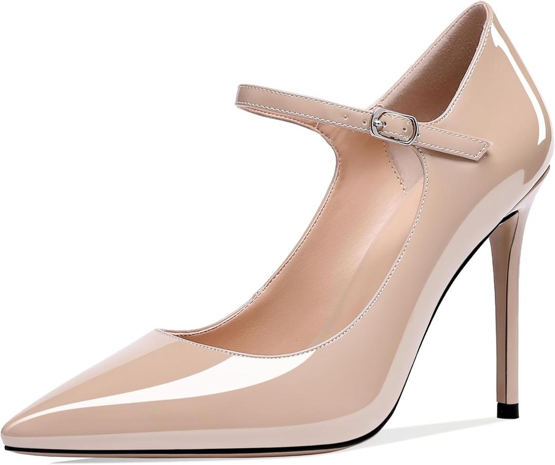 SAMMITOP Women's Pointed Toe Mary Jane Pumps High Heel Shoe with Ankle Strap (8, Beige)
