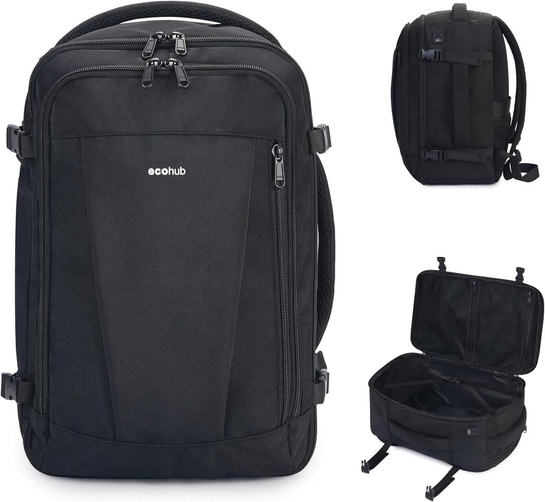 ECOHUB Travel Backpack 18x14x8 Spirit Airlines Personal Item Bag Carry On Backpack 13 Pockets Work Casual Daypack for Men Women Airline Approved Water Resistant Gym Backpack with Charging Port, Black (18 inch underseat)