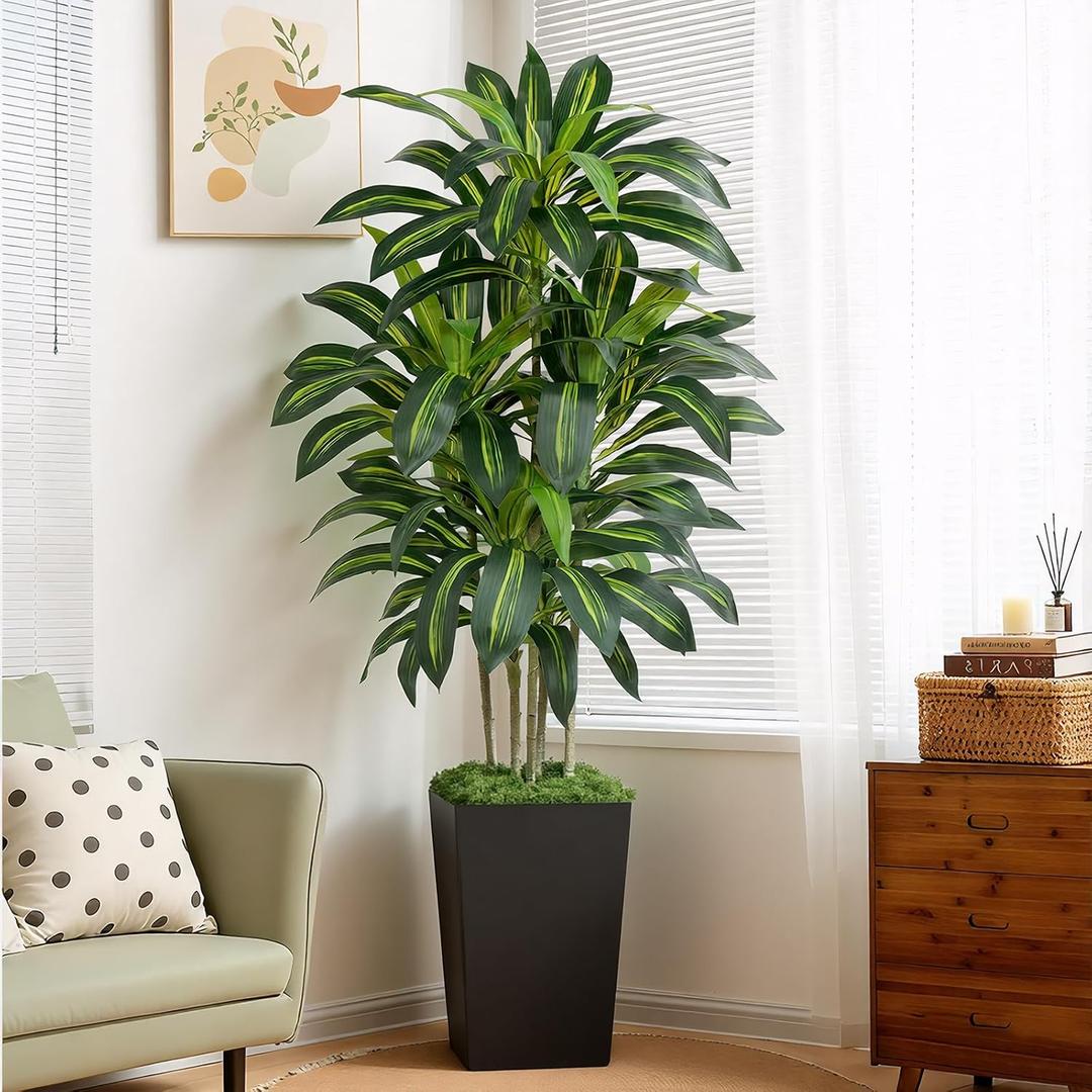 6FT Artificial Dracaena Tree - High-Density Foliage Fake Plant with Black Tall Planter - Faux Yucca Floor Plant for Home Office Decor Indoor