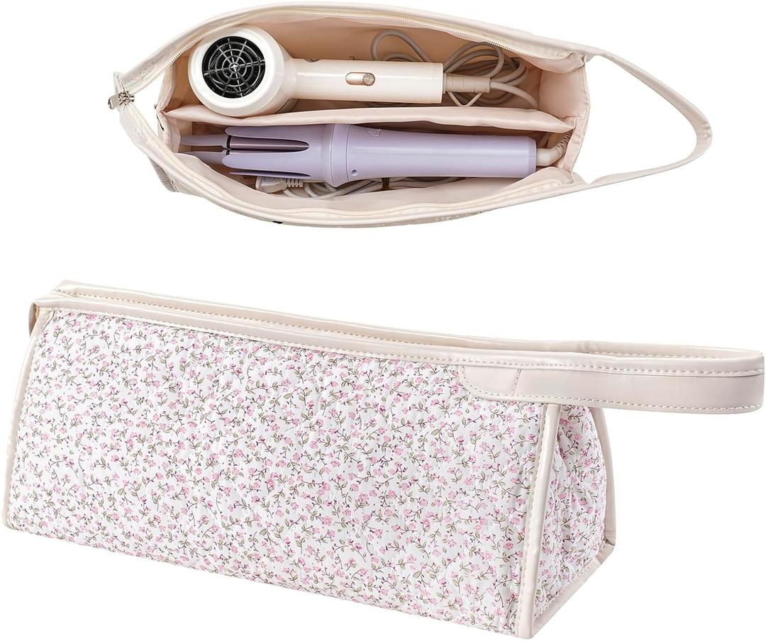 Large Quilted Hair Tools Travel Bag,Aesthetic Hair Styling Accessories Storage Case for Flat Irons,Straightener,Curling Iron,Hair Dryer,Dyson Airwrap Travle Bag06Small Pink Flower