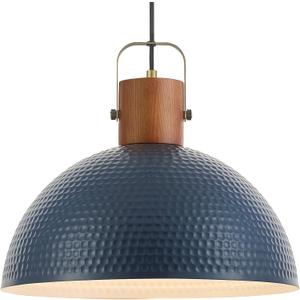 ELYONA 16 Large Ash Wood Pendant Light with Hammered Blue Metal & Brushed Brass Handle Large Pendant Light Fixtures Modern Dome Hanging Lamp for Kitchen Island, Dining Table, Bedroom, Hallway