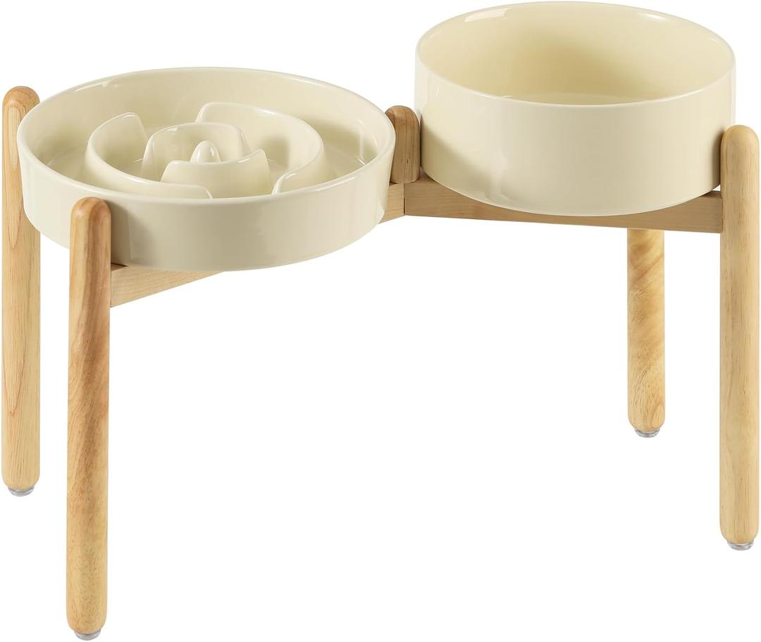 Havniva 3.2 Cup Ceramic Raised Slow Feeder Dog Bowl Set, Elevated 8.2inch Bowl and 9.5inch Puzzle Slow Food Dish with Wooden Stand for Large Dog, Anti-Gulping (2 xLight Yellow+ Stand)