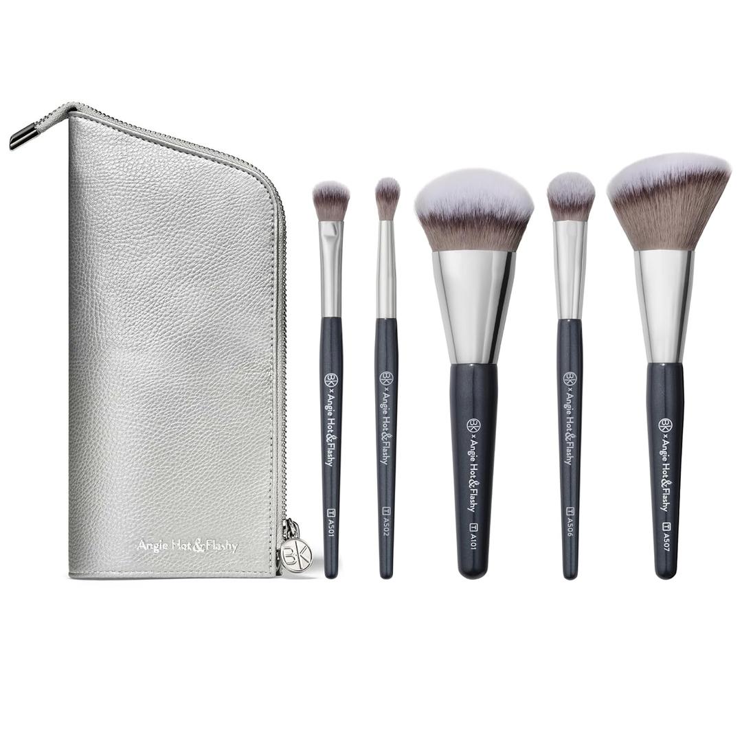 BK BEAUTY BRUSHES - ANGIE HOT & FLASHY Travel Brush Set with Pouch - Foundation Makeup Brushes - Brush for Liquid or Cream Foundations - Under-Eye Concealer | Bronzer, Blush & Highlighter Makeup Brush,