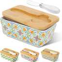Butter Dish with Lid, Covered Butter Dish for Countertop & Fridge, Ceramic Butter Holder with Bamboo Lid & Butter Knife, Green Cute Butter Dish, Bohemian Kitchen Decor (Green-Standard Size)