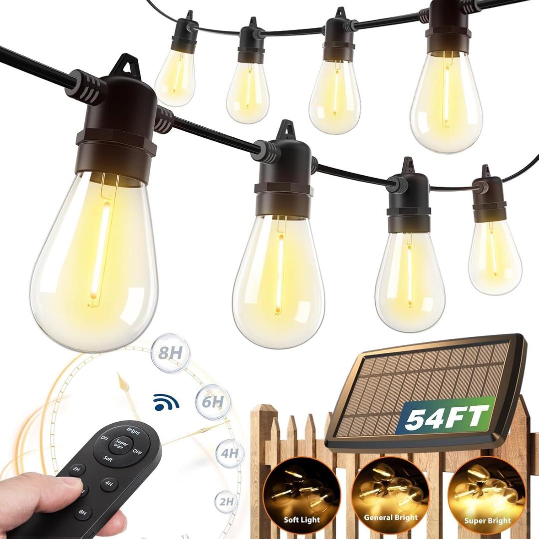 addlon 54FT Solar String Lights Outdoor Waterproof with USB Charging & Remote Control - Dimmable Solar Power Patio Lights with 26 LED Bulbs for Porch, Garden, Yard, Market, Bistro - Lasts 20+ Hrs (48+6FT(24 Sockets))