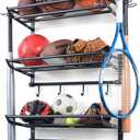 Garage Sports Equipment Storage Rack with Separate Shelf, Ball Rack, Sport Equipment Organizer withHooks for Badminton Racket, Basketball Rack for Basketball Football Rugby