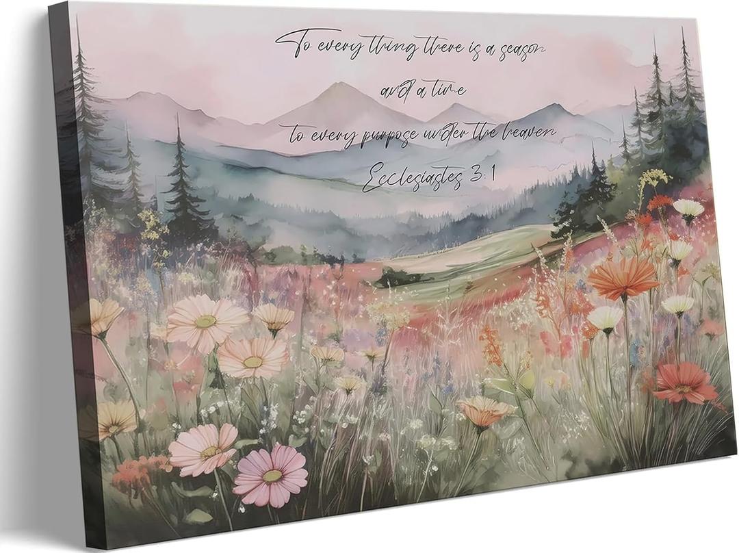 Christian Wildflower Canvas Wall Art To Everything There is a Season Scripture Posters Prints Bible Verse Mountain Landscape Wall Decor Picture for Bathroom Bedroom Living Room Decoration 24"L x 16"W