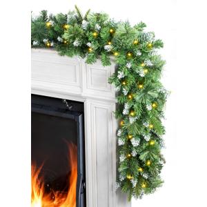 Jin&Bao 9FT Christmas Garland with Lights 100 LED Prelit Pine Needle, Real-Like Tips and Snow Branches Garland Christmas Decorations with Timer 8 Modes for Mantle Stairs Door Outdoor Decor