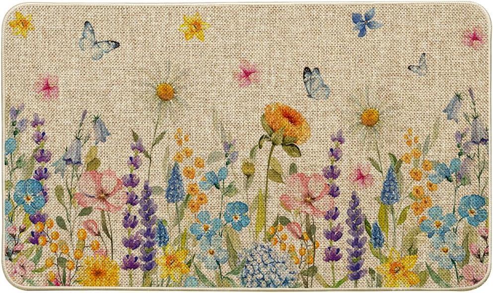 Artoid Mode Floral Flowers Butterfly Daisy Lavender Spring Doormat, Seasonal Summer Home Decor Low-Profile Switch Rug Door Mat Floor Mat for Indoor Outdoor 17x29 Inch (Beige)