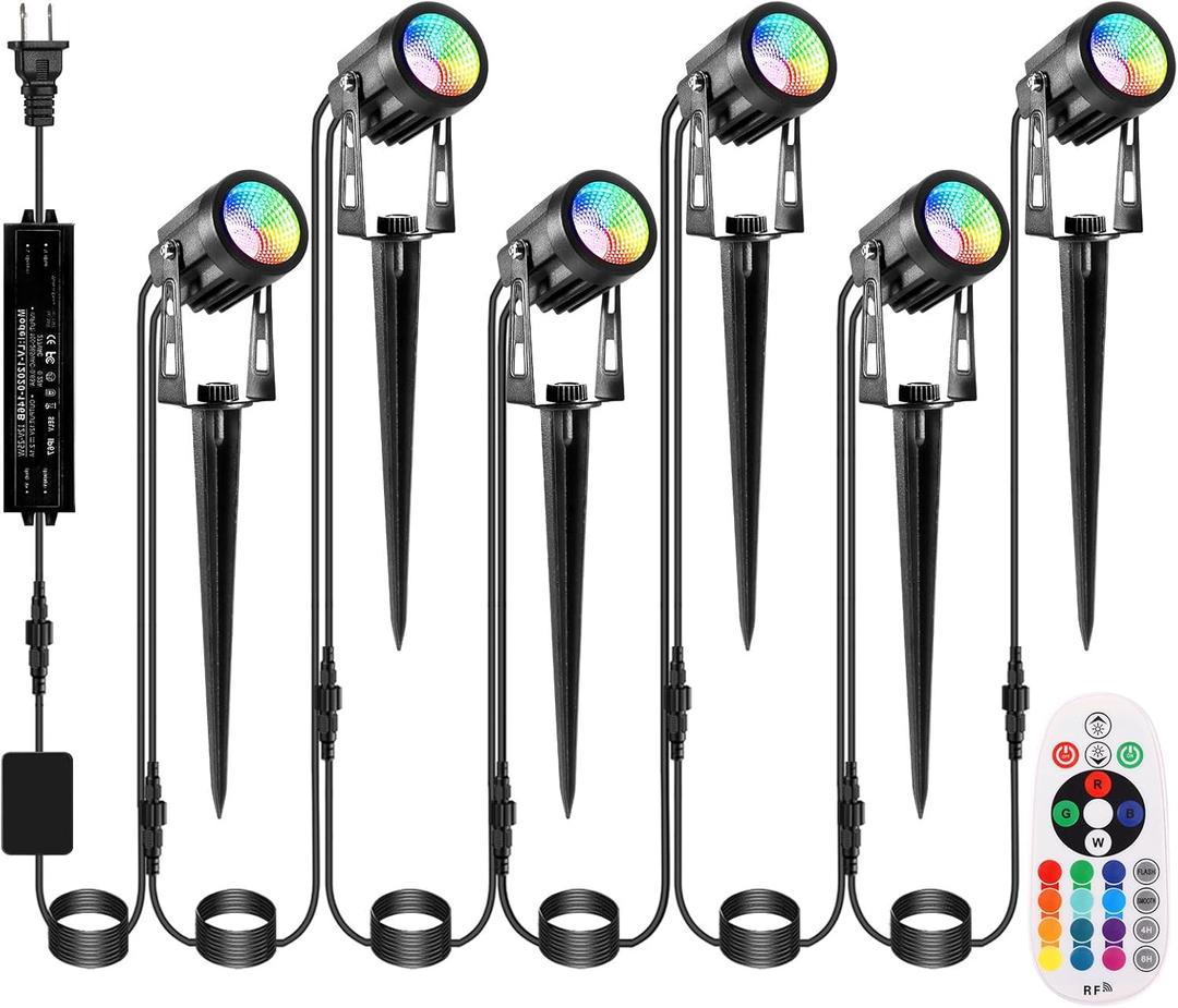 Outdoor Landscape Lighting, 6 Pack RGB Outdoor Spot Lights with Transformers and Remote, 12V Low Voltage Color Changing Landscape Lights IP65 Waterproof Plug in Outdoor Uplights for Yard House Tree