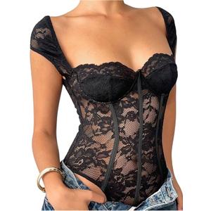 SOLY HUX Women's Lace Sheer Bodysuits Sweetheart Neck Slim Fitted Corset Leotard Tops (Medium, Pure Black)