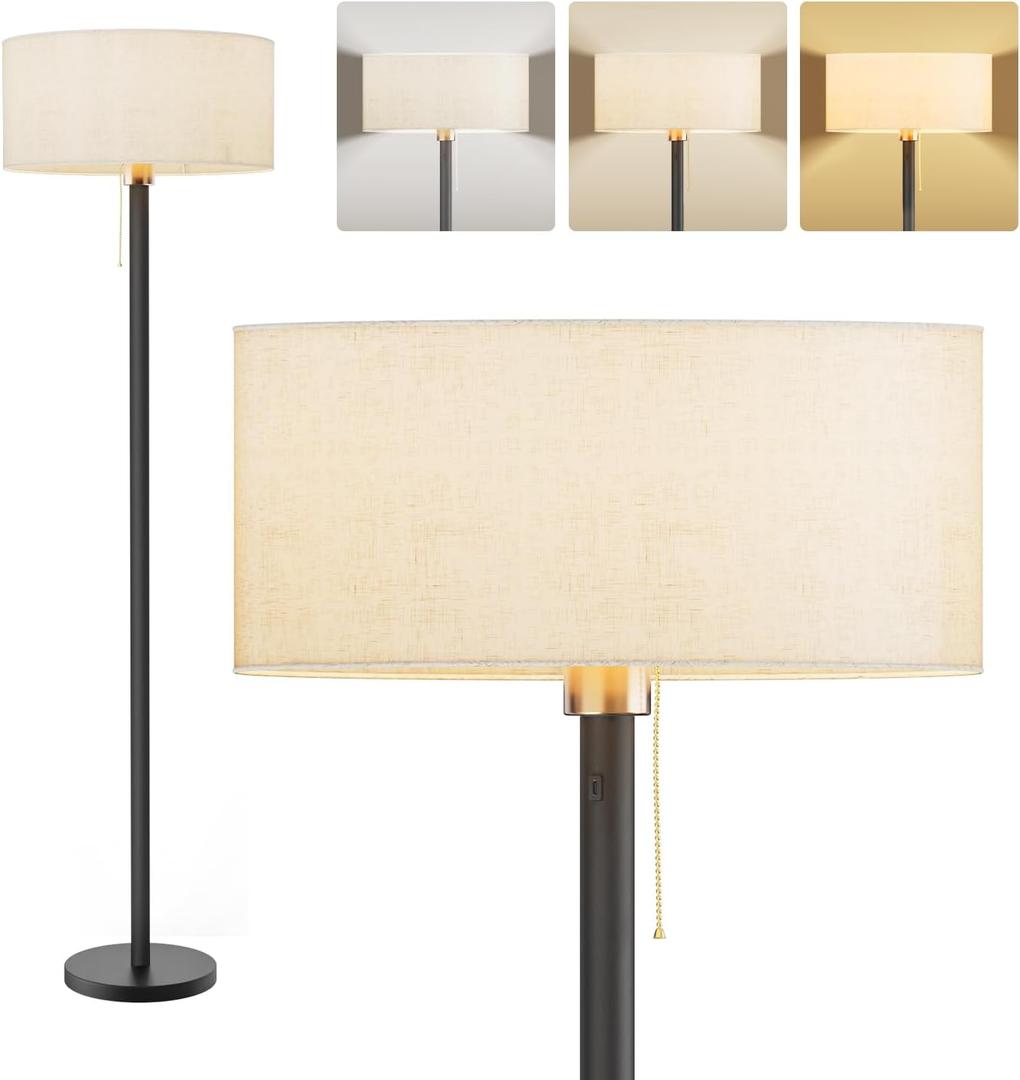 Cordless Rattan Floor Lamp with 3 Color Temperature, Dimmable Rechargeable Farmhouse Floor Lamp with Pull Cord Switch Boho Tall Standing for Living Room/Bedroom/Home Bulb Included (White)