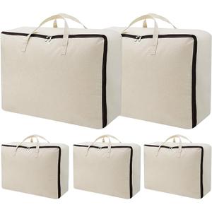 AMJ 5 Pack Oversized Storage Bag for Moving, Packing Supplies, Organizer Tote, Natural Cotton Canvas Zippered Sweater Bag, Reusable and Sustainable (Beige, 5 Pack)